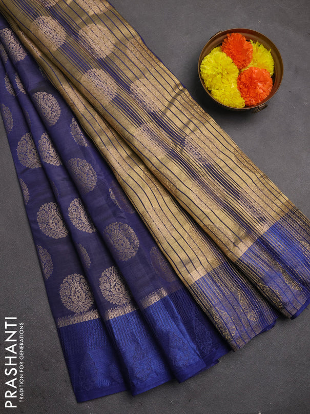 Semi raw silk saree blue with allover thread & zari woven buttas and thread woven border