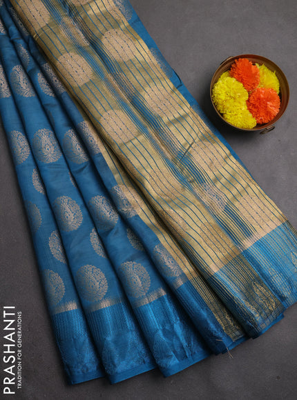 Semi raw silk saree cs blue with allover thread & zari woven buttas and thread woven border