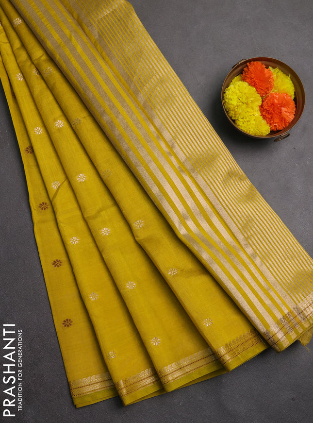 Semi raw silk saree lime yellow with allover thread & zari woven buttas and woven border
