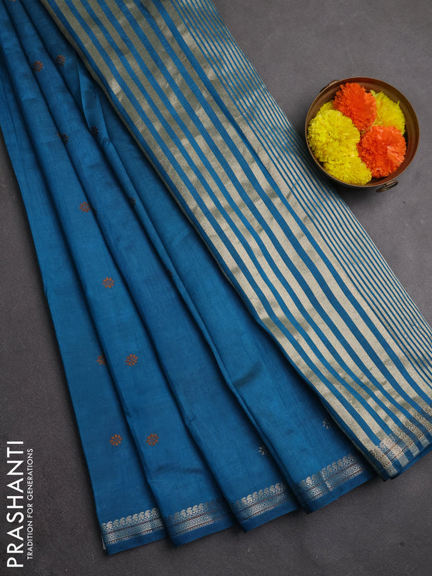 Semi raw silk saree peacock blue with allover thread & zari woven buttas and woven border