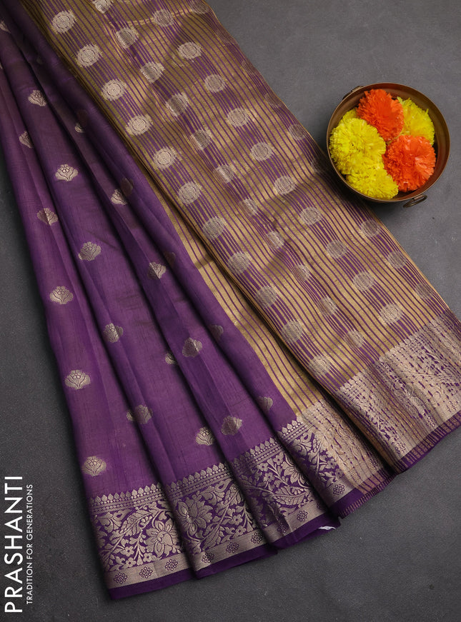 Semi raw silk saree deep purple with allover thread & zari woven buttas and zari woven border