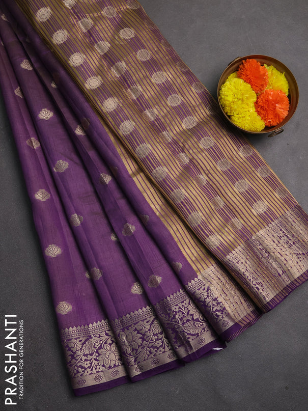 Semi raw silk saree deep purple with allover thread & zari woven buttas and zari woven border