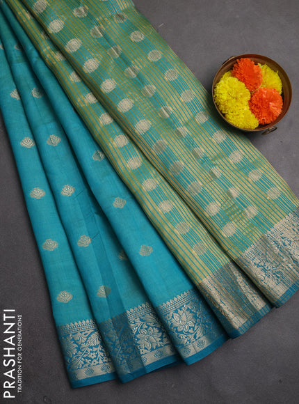 Semi raw silk saree teal blue with allover thread & zari woven buttas and zari woven border