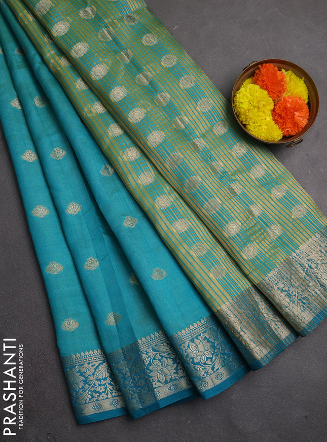 Semi raw silk saree teal blue with allover thread & zari woven buttas and zari woven border