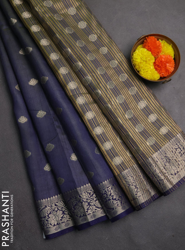 Semi raw silk saree dual shade of green and navy blue with allover thread & zari woven buttas and zari woven border