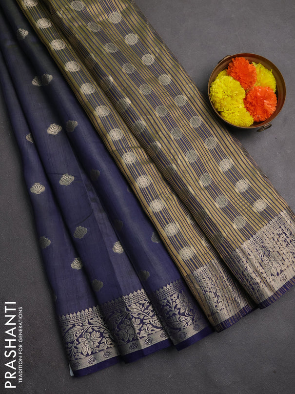 Semi raw silk saree dual shade of green and navy blue with allover thread & zari woven buttas and zari woven border