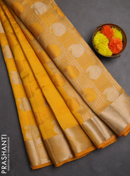 Semi raw silk saree mustard yellow with allover thread & zari woven buttas and zari woven butta border