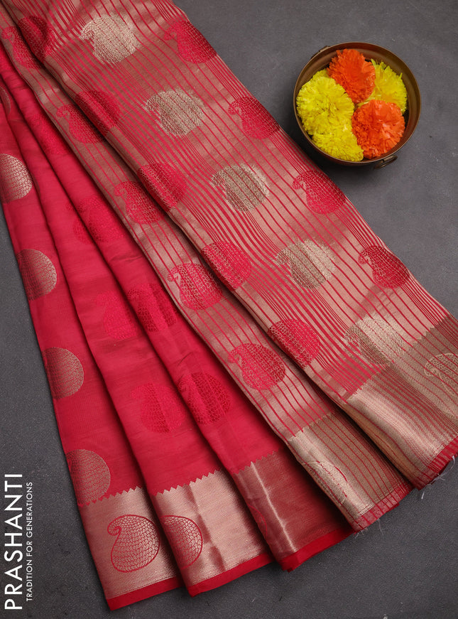 Semi raw silk saree tomato pink with allover thread & zari woven buttas and zari woven butta border