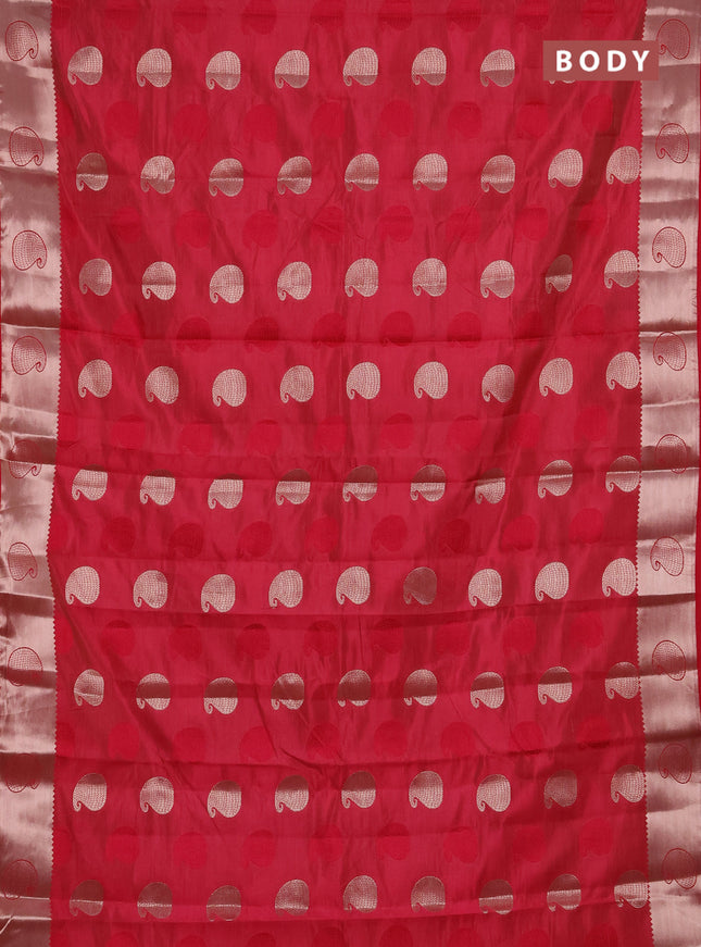 Semi raw silk saree tomato pink with allover thread & zari woven buttas and zari woven butta border