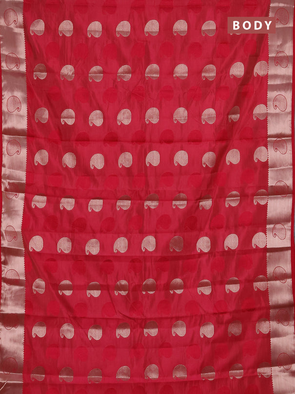 Semi raw silk saree tomato pink with allover thread & zari woven buttas and zari woven butta border