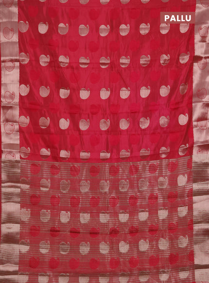 Semi raw silk saree tomato pink with allover thread & zari woven buttas and zari woven butta border