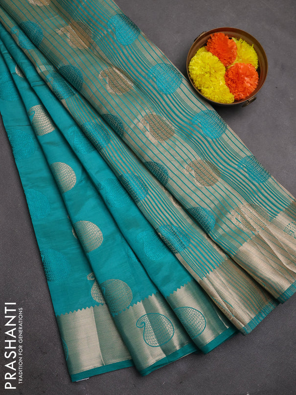 Semi raw silk saree teal green with allover thread & zari woven buttas and zari woven butta border
