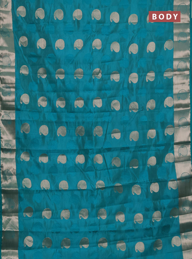 Semi raw silk saree teal green with allover thread & zari woven buttas and zari woven butta border