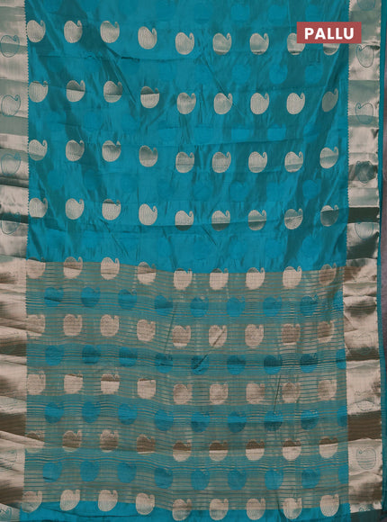 Semi raw silk saree teal green with allover thread & zari woven buttas and zari woven butta border