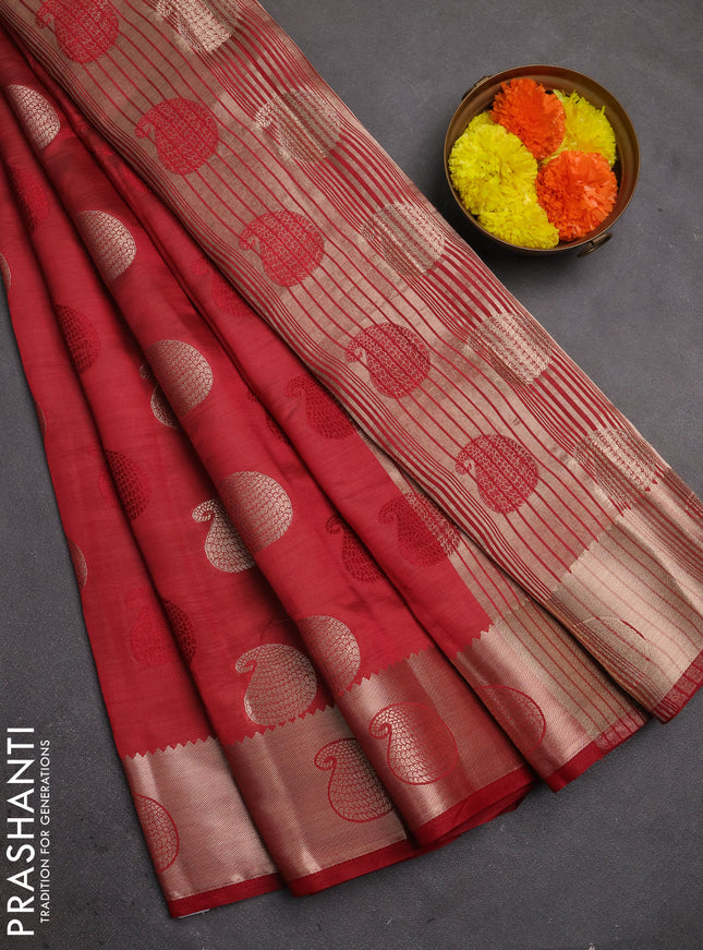 Semi raw silk saree maroon with allover thread & zari woven buttas and zari woven butta border