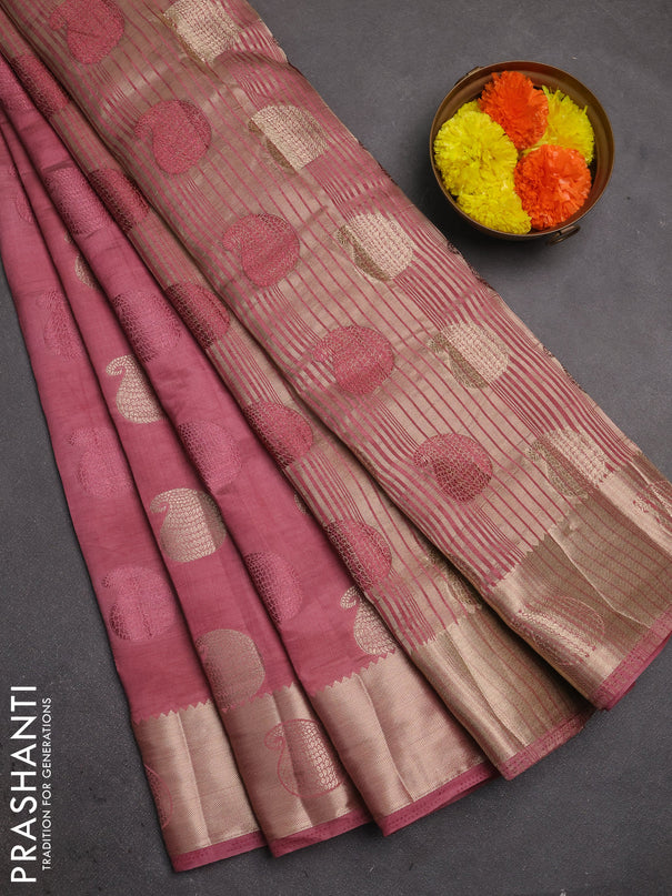 Semi raw silk saree mauve pink with allover thread & zari woven buttas and zari woven butta border