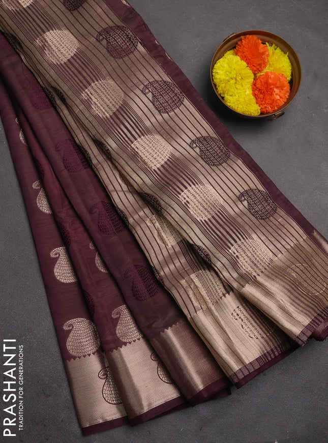 Semi raw silk saree deep purple with allover thread & zari woven buttas and zari woven butta border