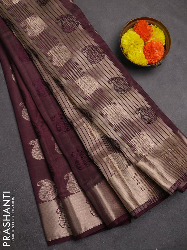 Semi raw silk saree deep purple with allover thread & zari woven buttas and zari woven butta border