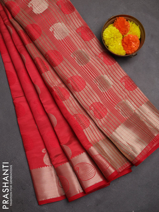 Semi raw silk saree red with allover thread & zari woven buttas and zari woven butta border