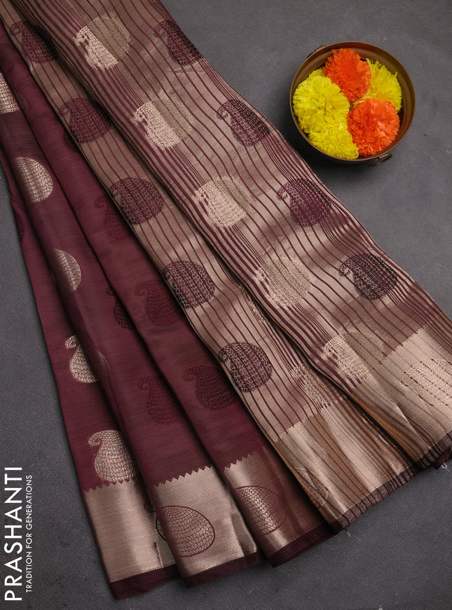 Semi raw silk saree deep wine shade with allover thread & zari woven buttas and zari woven butta border
