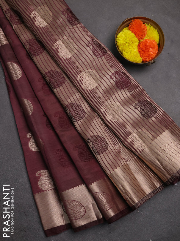 Semi raw silk saree deep wine shade with allover thread & zari woven buttas and zari woven butta border