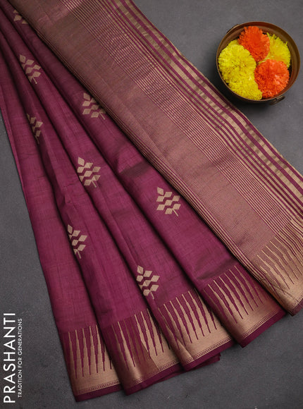 Semi raw silk saree wine shade with allover thread & zari woven buttas and temple zari woven border