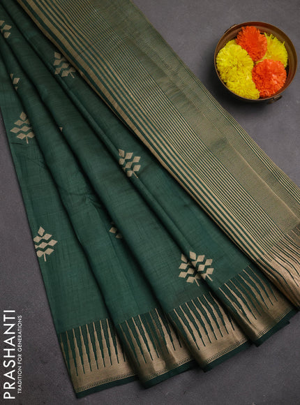 Semi raw silk saree bottle green with allover thread & zari woven buttas and temple zari woven border
