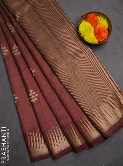 Semi raw silk saree coffee brown with allover thread & zari woven buttas and temple zari woven border