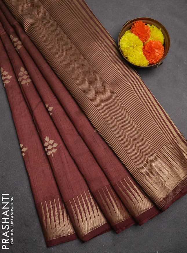 Semi raw silk saree coffee brown with allover thread & zari woven buttas and temple zari woven border