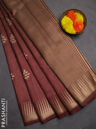 Semi raw silk saree coffee brown with allover thread & zari woven buttas and temple zari woven border