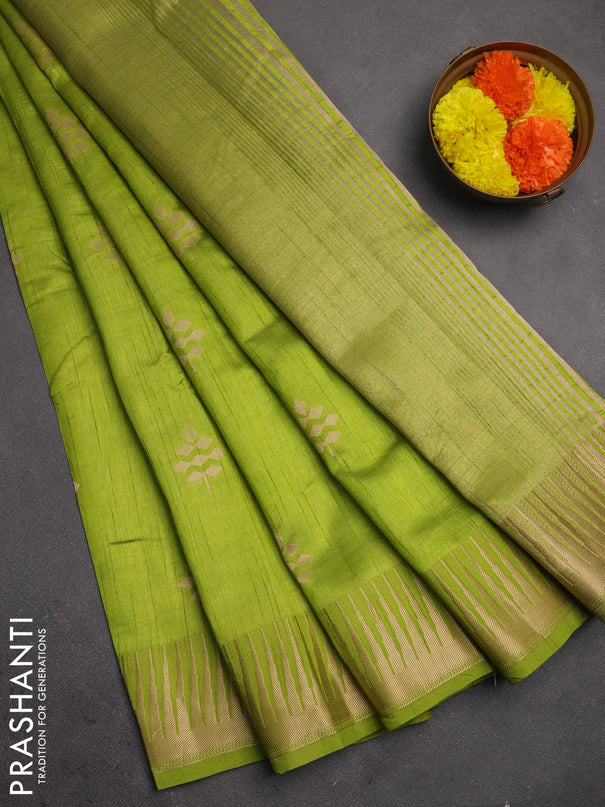 Semi raw silk saree light green with allover thread & zari woven buttas and temple zari woven border