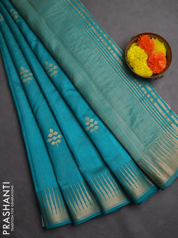 Semi raw silk saree teal green with allover thread & zari woven buttas and temple zari woven border