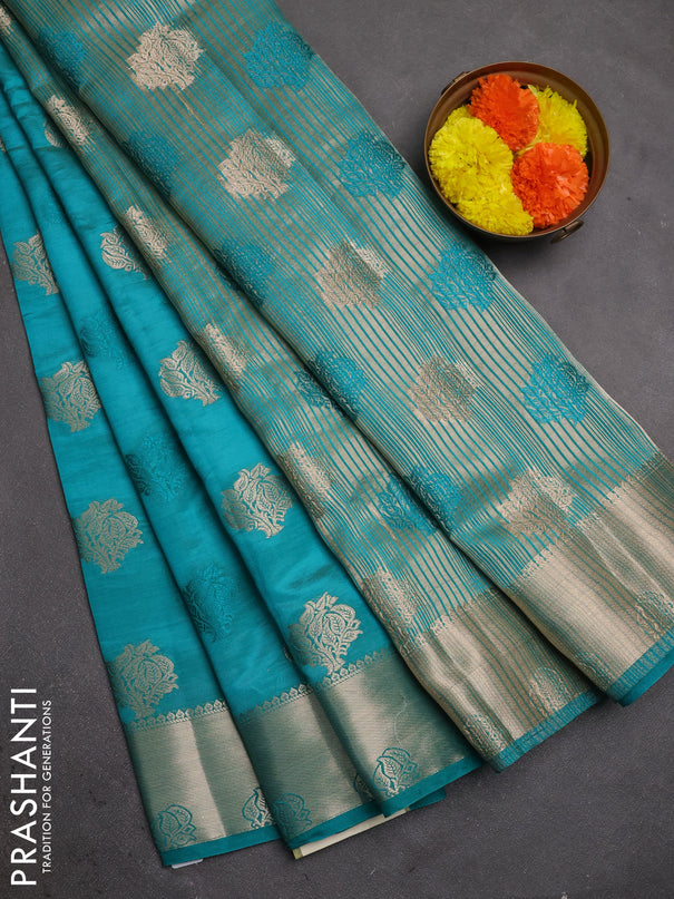 Semi raw silk saree teal green with allover thread & zari woven buttas and zari woven border