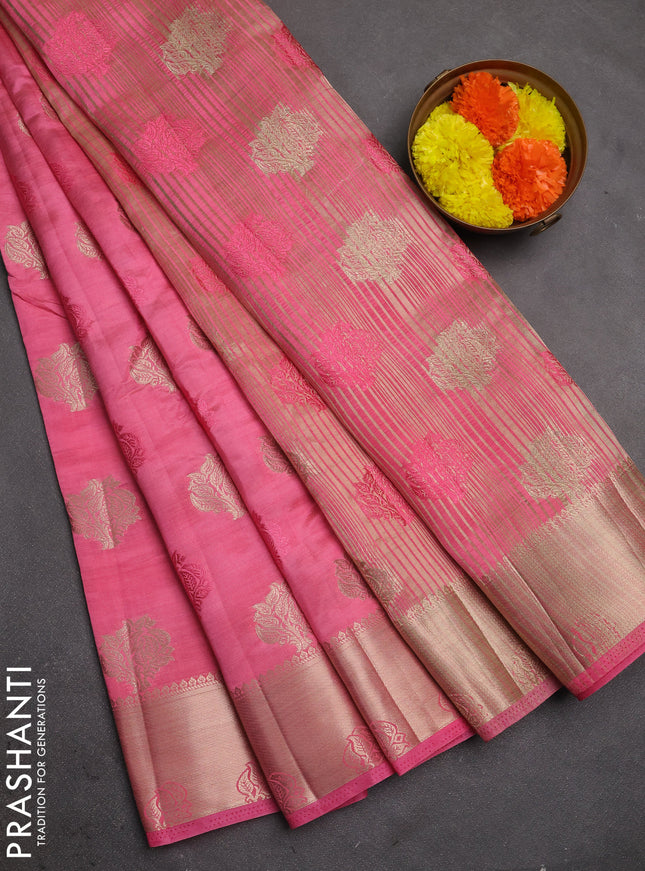 Semi raw silk saree pink with allover thread & zari woven buttas and zari woven border