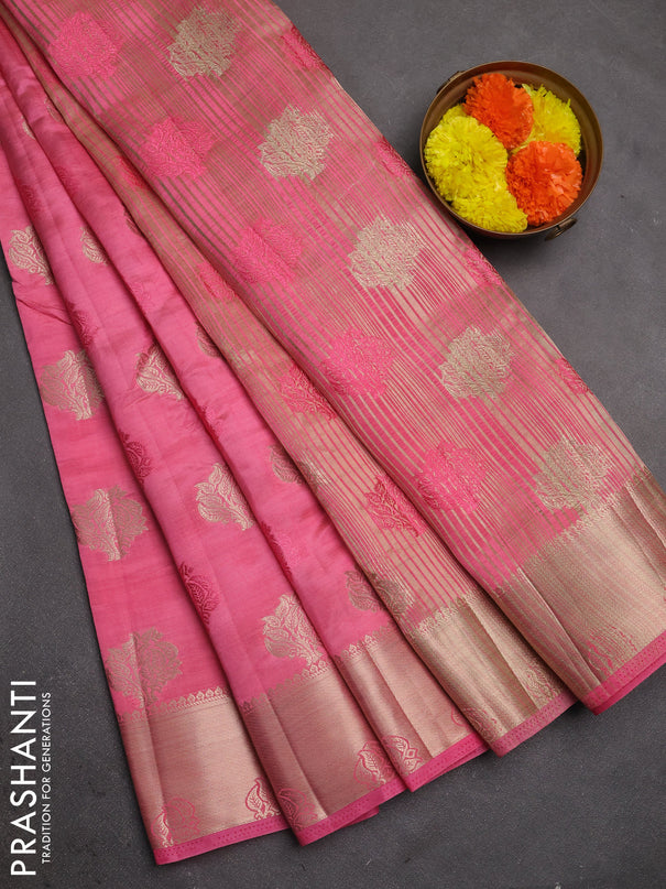 Semi raw silk saree pink with allover thread & zari woven buttas and zari woven border