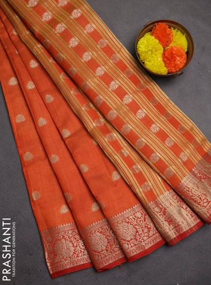 Semi raw silk saree orange with allover thread & zari woven buttas and zari woven border