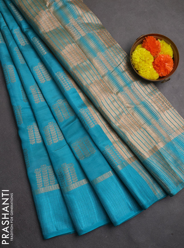 Semi raw silk saree cs blue with allover thread & zari woven buttas and thread woven border