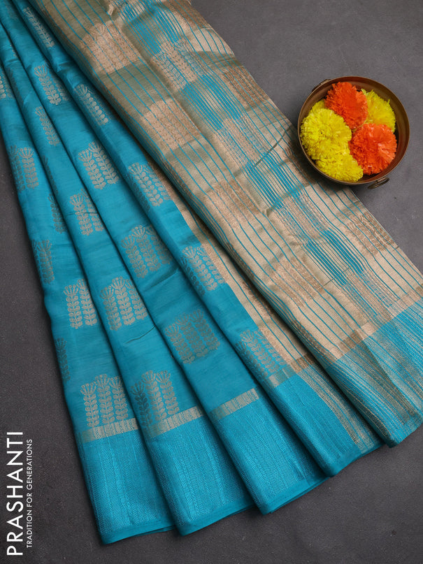 Semi raw silk saree cs blue with allover thread & zari woven buttas and thread woven border