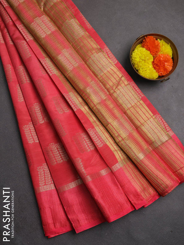 Semi raw silk saree peach shade with allover thread & zari woven buttas and thread woven border