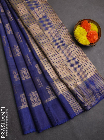 Semi raw silk saree blue with allover thread & zari woven buttas and thread woven border