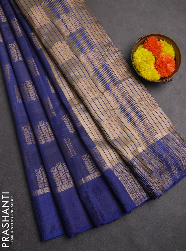 Semi raw silk saree blue with allover thread & zari woven buttas and thread woven border