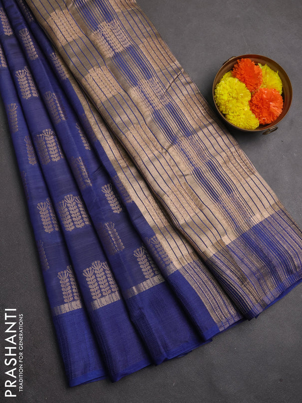 Semi raw silk saree blue with allover thread & zari woven buttas and thread woven border