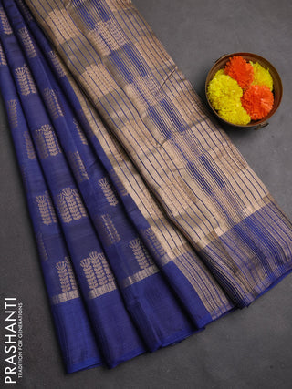 Semi raw silk saree blue with allover thread & zari woven buttas and thread woven border