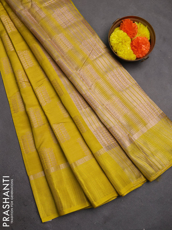 Semi raw silk saree lime green with allover thread & zari woven buttas and thread woven border