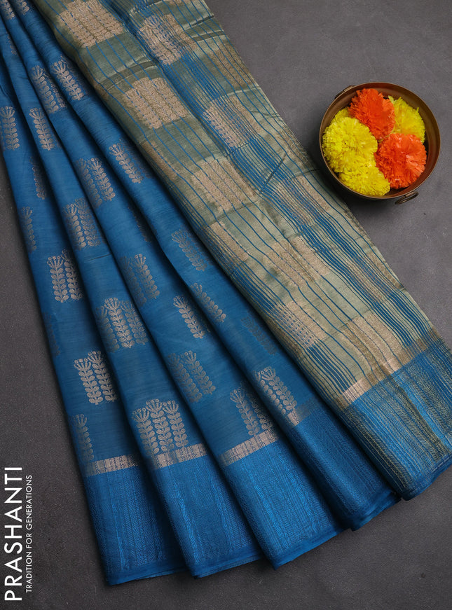 Semi raw silk saree teal blue with allover thread & zari woven buttas and thread woven border