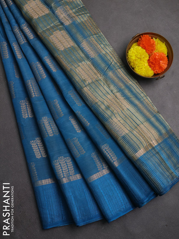 Semi raw silk saree teal blue with allover thread & zari woven buttas and thread woven border