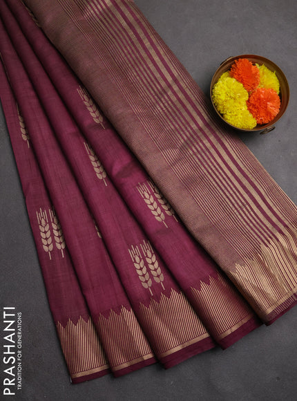 Semi raw silk saree deep purple with allover thread & zari woven buttas and zari woven border
