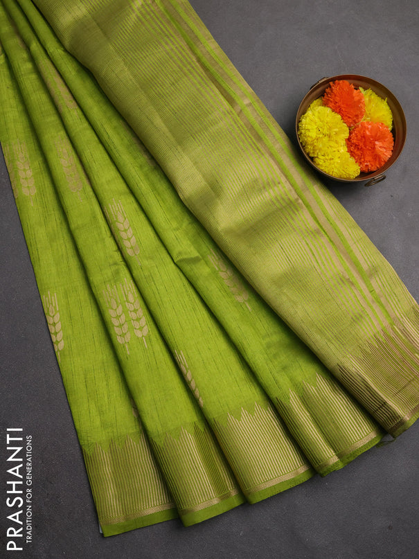 Semi raw silk saree light green with allover thread & zari woven buttas and zari woven border