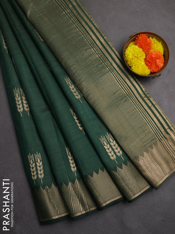 Semi raw silk saree bottle green with allover thread & zari woven buttas and zari woven border