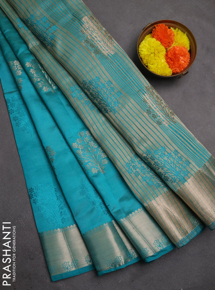Semi raw silk saree teal green with allover thread & zari woven buttas and zari woven border